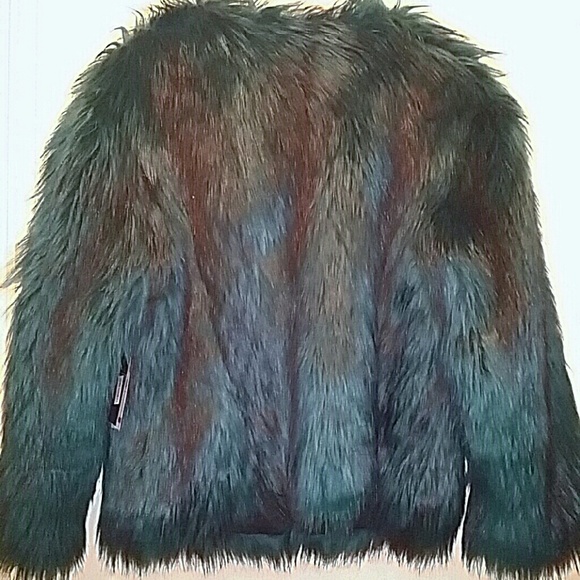 Guess Faux Fur Jacket in Teal and Brown - Picture 2 of 4